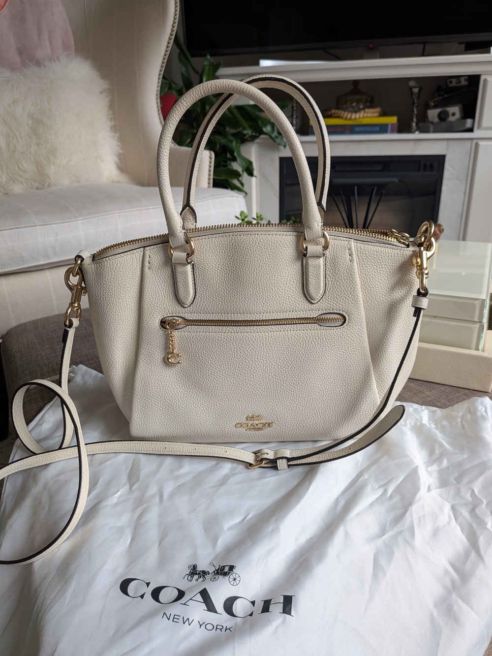 Coach Cream Pebbled Leather Satchel with Gold Hardware